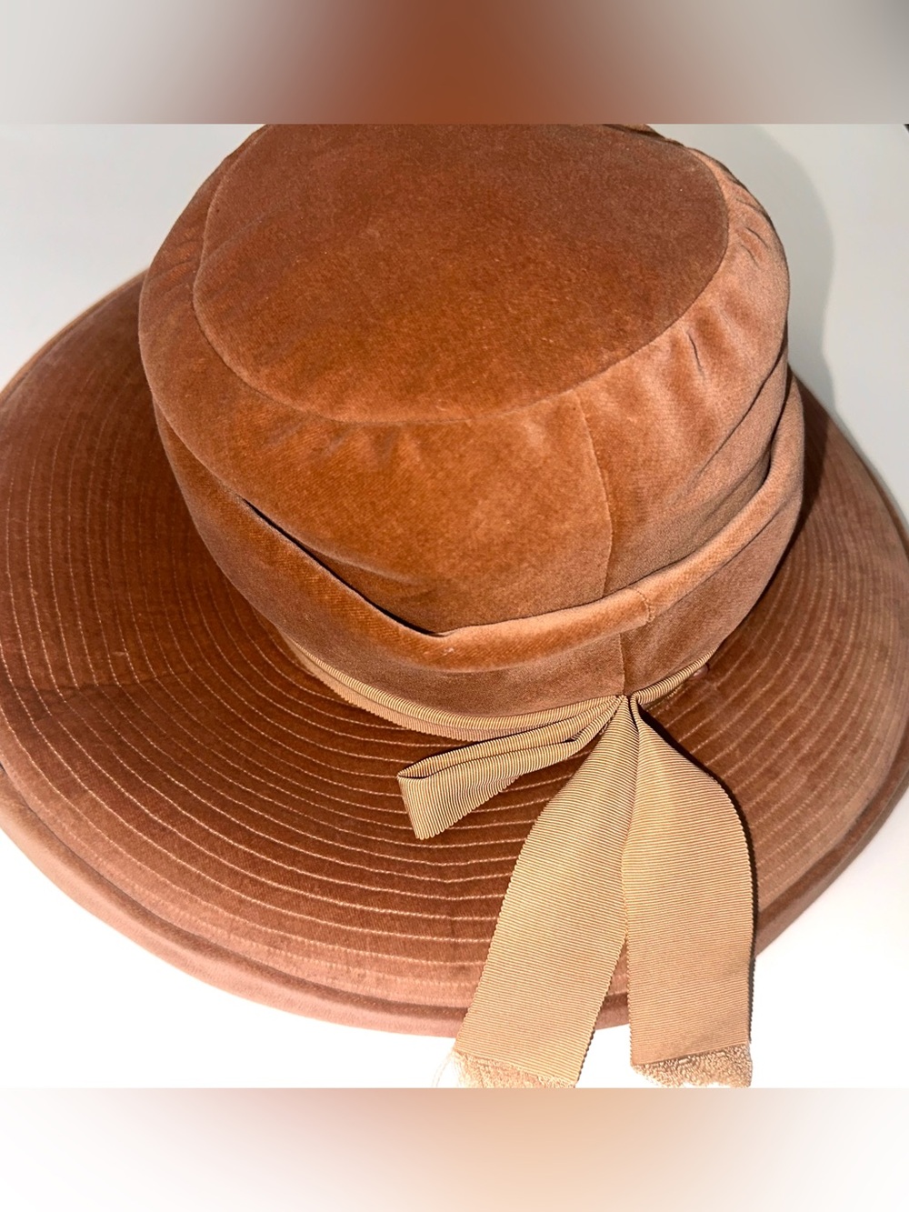 Vintage 1960s caramel  Velvet Wide-Brim Hat with Ribbon by Mr. John